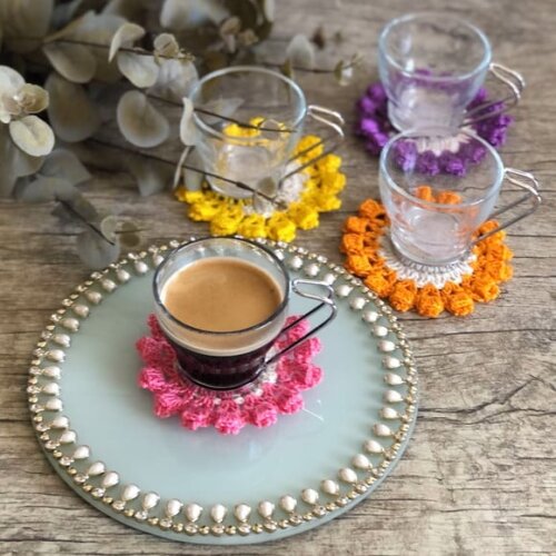 Jogo Xícaras Café Xidro & Descanso Crochê 8 Peças 85ml