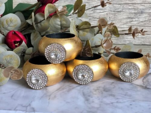Porta Guardanapo Glamour Dourado com Strass - 4 Unid.
