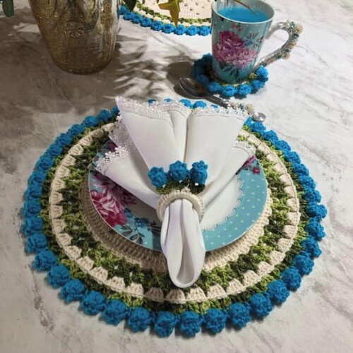 Sousplat Americano Croche Boho Barroco Tulipa Turquesa *par*
