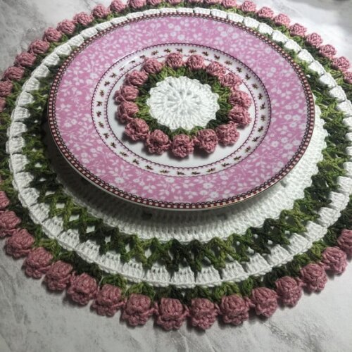 Sousplat Americano Croche Tulipa Rosa x Branco *par*
