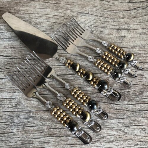 Talheres Bordado com Pérolas para Torta - 7 pcs
