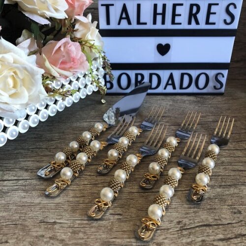Talheres Bordado Garfinho & Espátula Torta - Bolo - 7 Peças