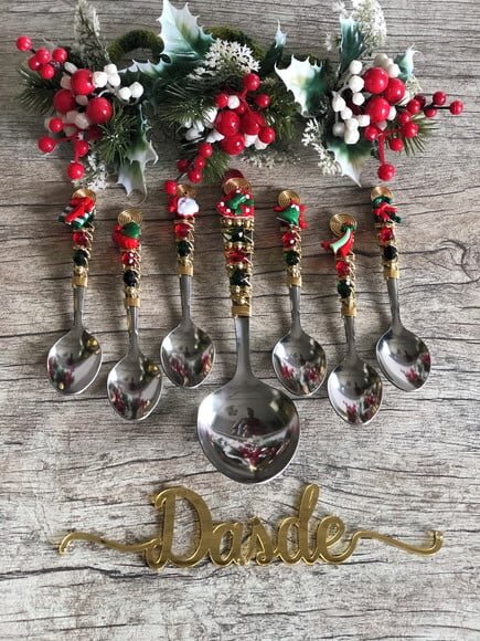 Talheres Bordado Natal Sobremesa Cremosa - 7 Pçs