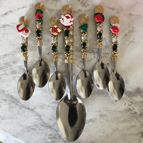 Talheres Bordado Natal Sobremesa Cremosa - 7 Pçs
