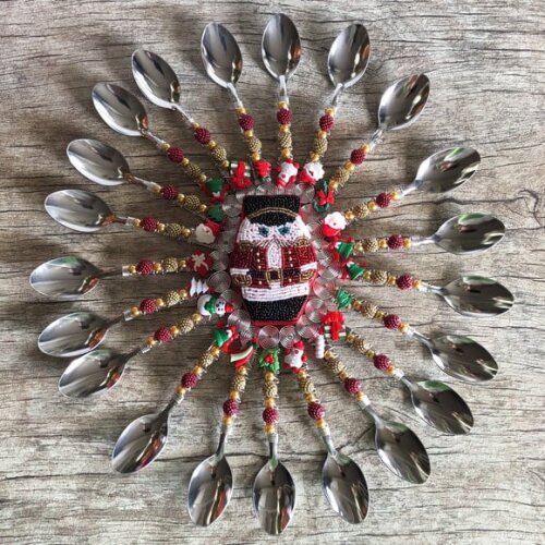 Talheres Bordado Sobremesa Cremosa Tema Natal - 7 Pcs