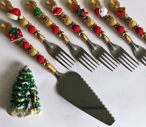 Talheres Bordado Torta Tema Natal - Mod.01 - 7 Pcs