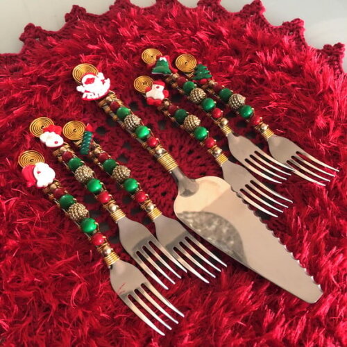 Talheres Bordado Torta Tema Natal - Mod.02 - 7 Pcs