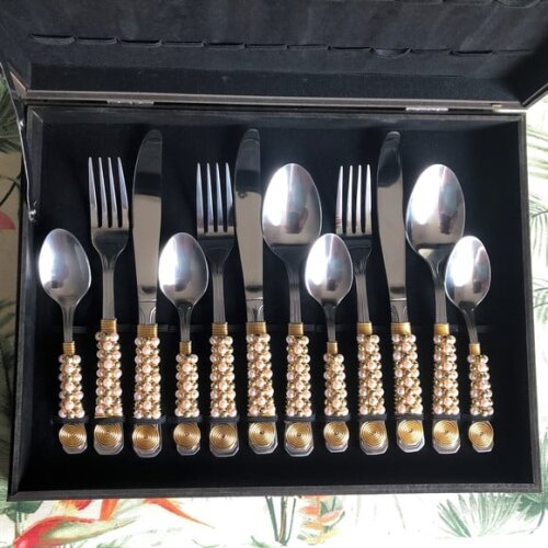 Talheres Bordados Pérolas Rose Gold - Faqueiro 24 Pçs