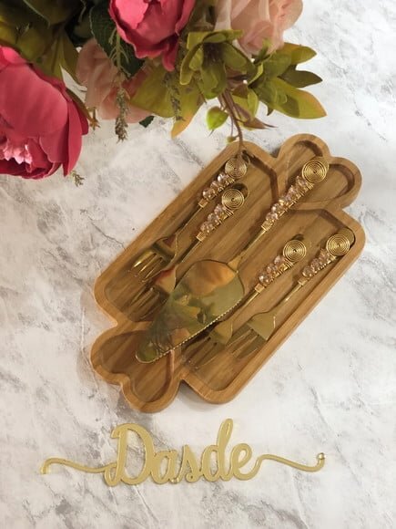 Talheres Dourado Ambar Bordado Garfo & Espátula Torta 5 Pçs