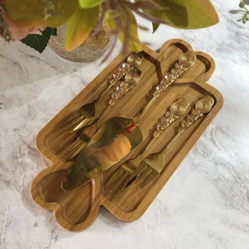 Talheres Dourado Ambar Bordado Garfo & Espátula Torta 5 Pçs