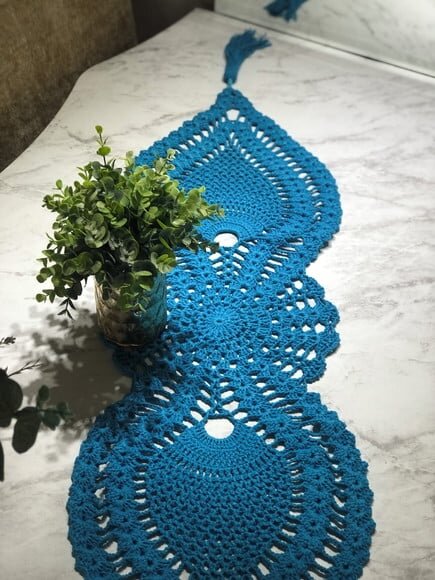 Trilho Mesa Croche Azul Turquesa- Caminho Centro de Mesa