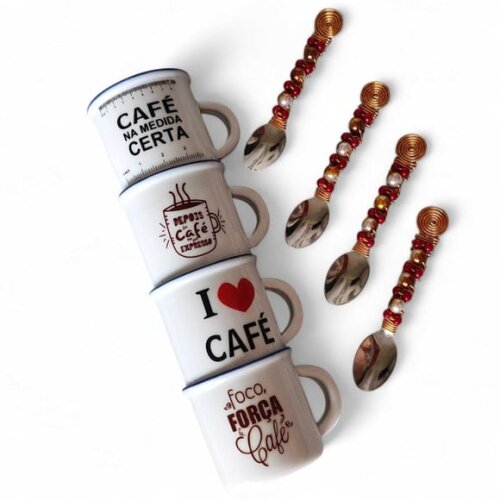 Xícara - Canequinha Porcelana Café Espresso & Colher Bordada