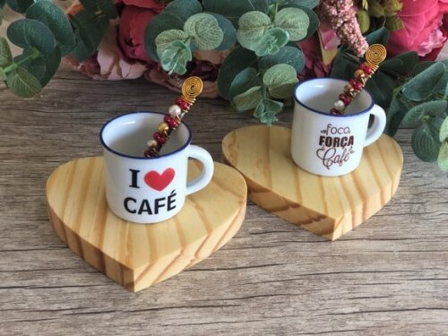 Xícara Café Espresso & Colheres Bordada - Par (6 Peças)