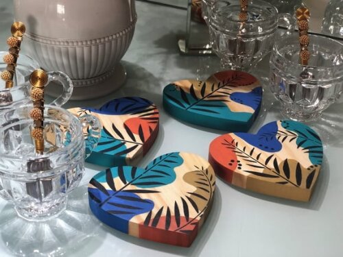 Xícara Vidro & Coaster Coração Pintura Orgânica - Par