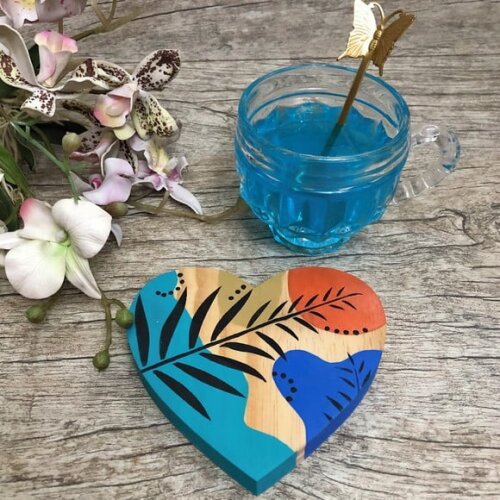 Xícara Vidro & Coaster Coração Pintura Orgânica - Par