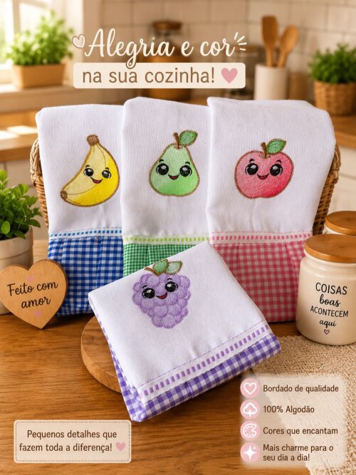 Kit 8 Panos de Prato Bordado Frutas