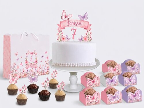Kit Festa Jardim Personalizado com 15 Sacolinhas, 50 Forminhas, 50 Toppers e Topo de Bolo