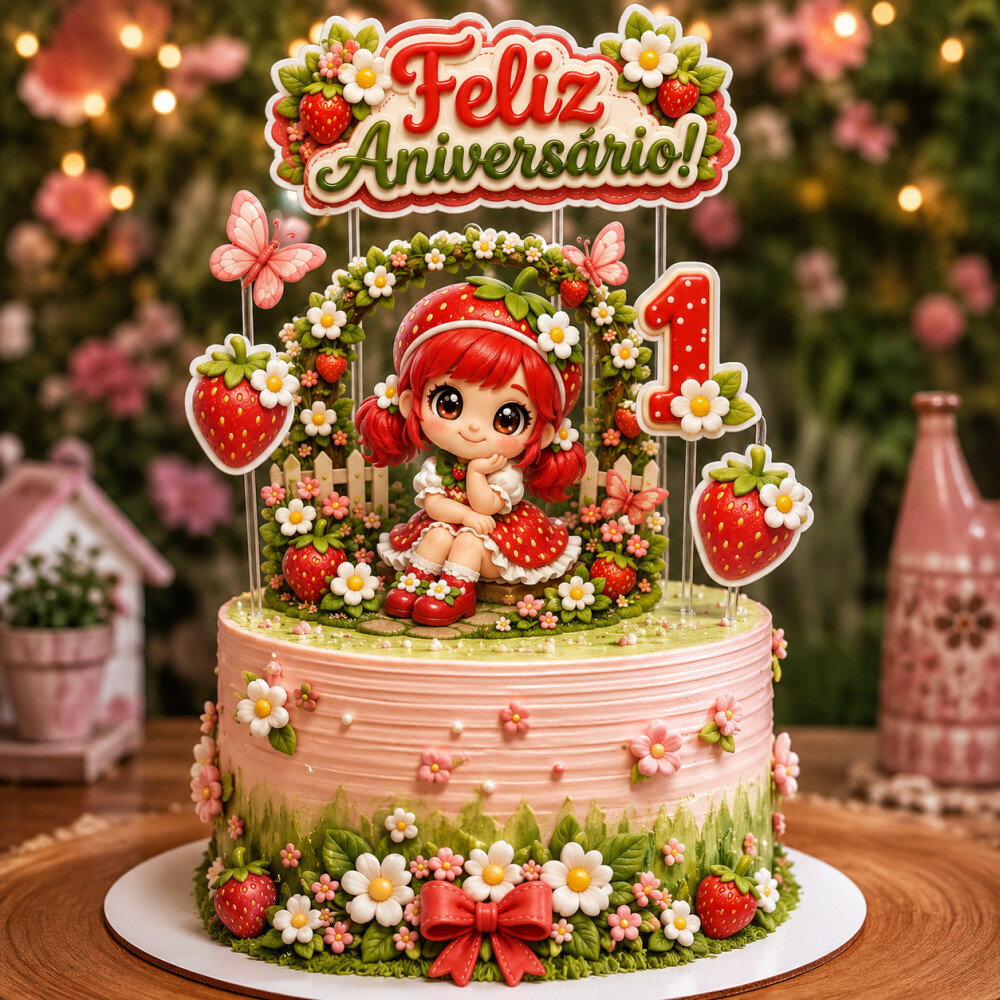 Topo de Bolo - Festa tema Morango ( Arquivo Digital)