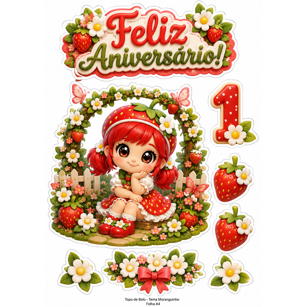 Topo de Bolo - Festa tema Morango ( Arquivo Digital)