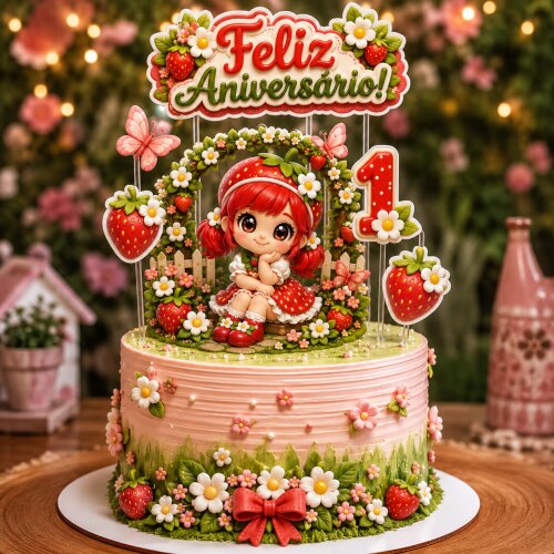 Topo de Bolo - Festa tema Morango ( Arquivo Digital)