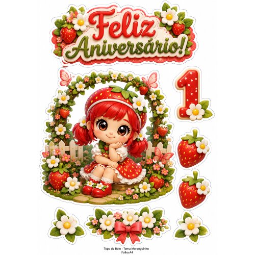 Topo de Bolo - Festa tema Morango ( Arquivo Digital)