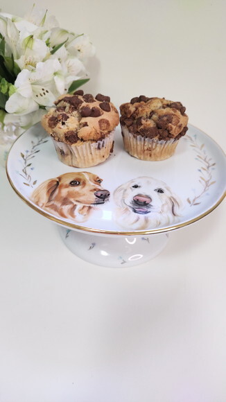 Boleira em Porcelana 20cm com 2 Pets Pintados a Mão