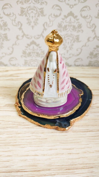 Nossa Senhora Mini em Porcelana 9,5cm com Folhas no Manto