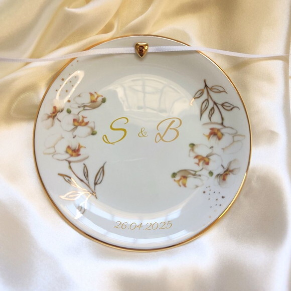 Porta Alianças em Porcelana 15cm Orquídeas em Decalques