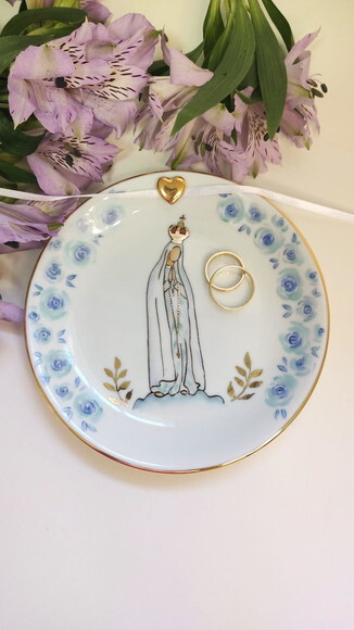 Porta Alianças Fatima Rosas Azuis de 15cm Pintado a Mão
