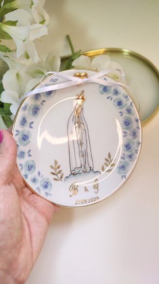 Porta Alianças Fatima Rosas Azuis de 15cm Pintado a Mão