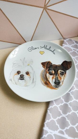 Prato Decorativo Grande com Dois Pets Pintados a Mão