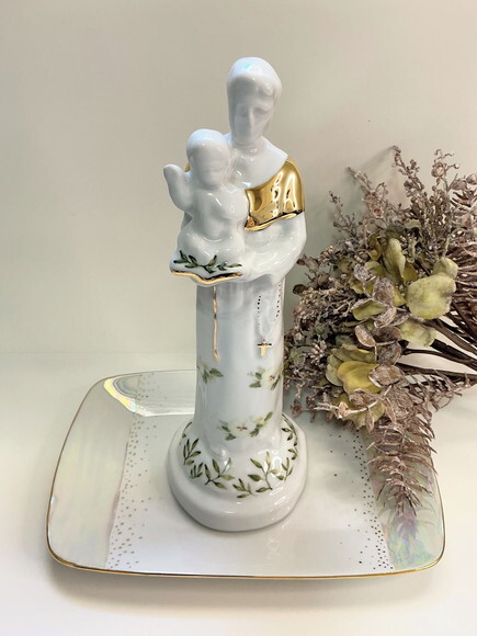 Santo Antônio em Porcelana Amor Perfeito e Folhas 25cm