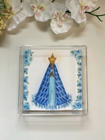 Aquarela Nossa Senhora Original na Moldura Acrílica 15x15cm