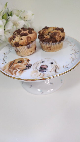 Boleira em Porcelana 20cm com 2 Pets Pintados a Mão