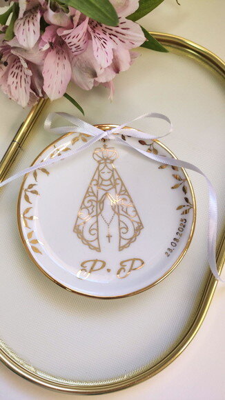 Porta Alianças 10,8cm Nossa Senhora Ouro + Iniciais+folhas