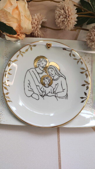 Porta Alianças em Porcelana 15cm Sagrada Família Linear