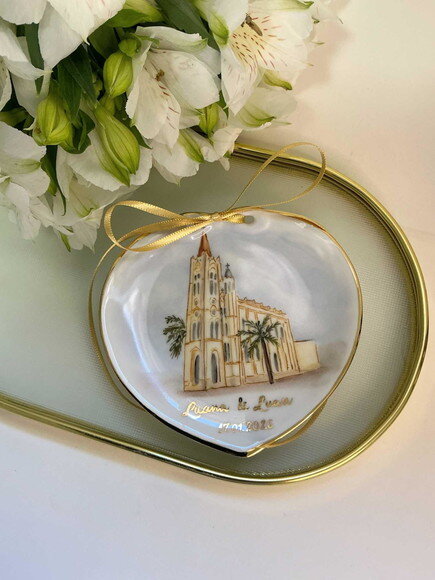 Porta Alianças em Porcelana Pintado a Mão Igreja