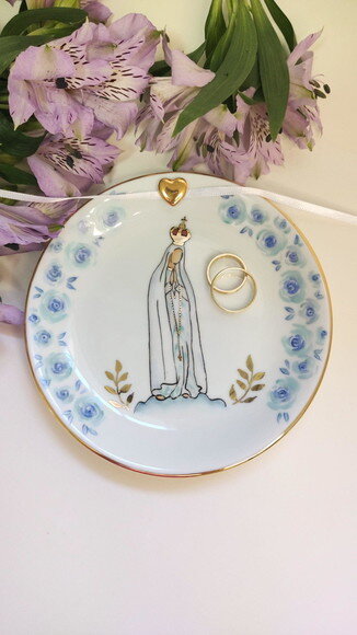 Porta Alianças Fatima Rosas Azuis de 15cm Pintado a Mão