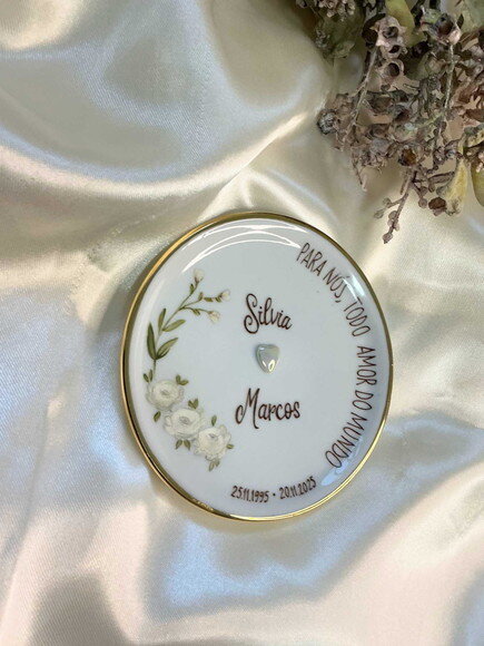 Porta Alianças Porcelana 10,8cm Frase Curta e Ramo