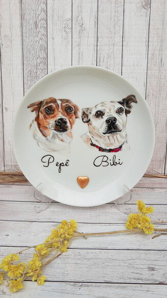 Prato Decorativo 19cm com Dois Pets Pintados a Mão