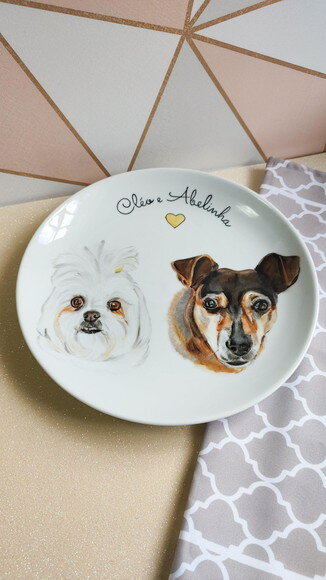 Prato Decorativo Grande com Dois Pets Pintados a Mão