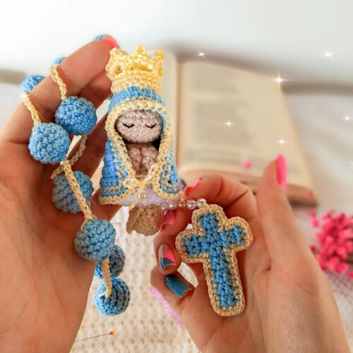 Terço de Crochê mãezinha do céu artesanal decoração quarto 