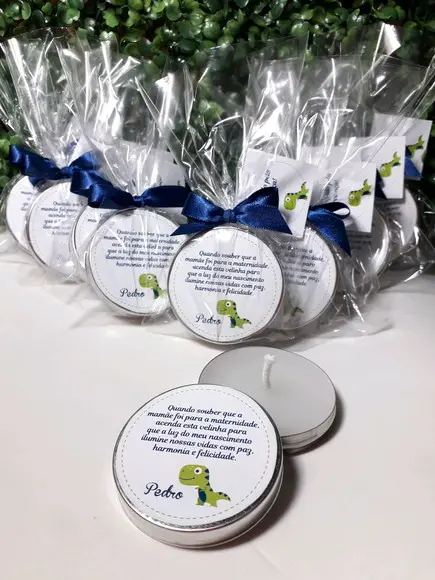 Latinha com Vela Aromatizada, Lembrança Chá de Bebê, Dino