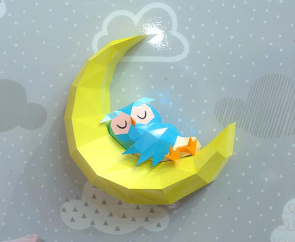Coruja Baby na Lua - Arquivo de Corte Low Poly 3d (em Pdf)