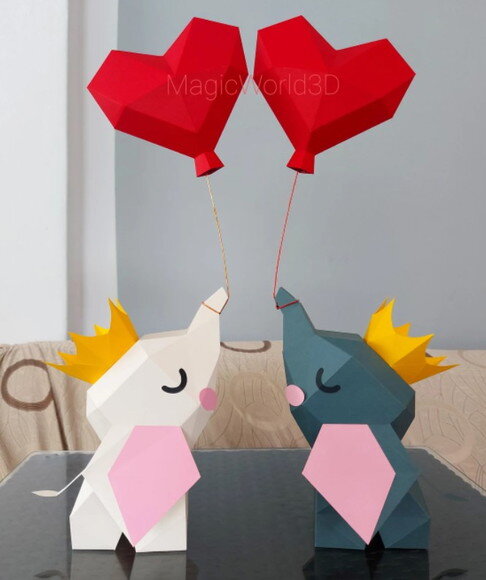 Elefante e Balão - Arquivo de Corte Low Poly 3d (em Pdf)
