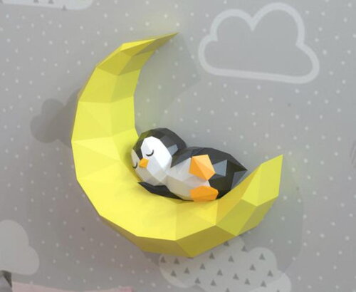 Pinguim Baby na Lua - Arquivo de Corte Low Poly 3d (em Pdf)