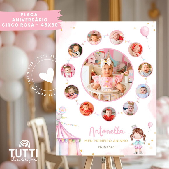 Placa 1 Aninho - Mesversário - Circo Rosa