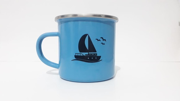 Caneca Aço Esmaltado Azul borda prateada personalizada