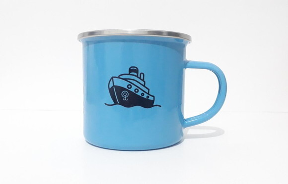Caneca Aço Esmaltado Azul borda prateada personalizada