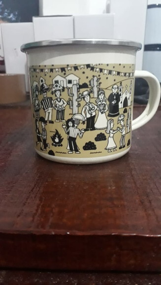 caneca aço esmaltado bege borda prateada 350ml personalizada